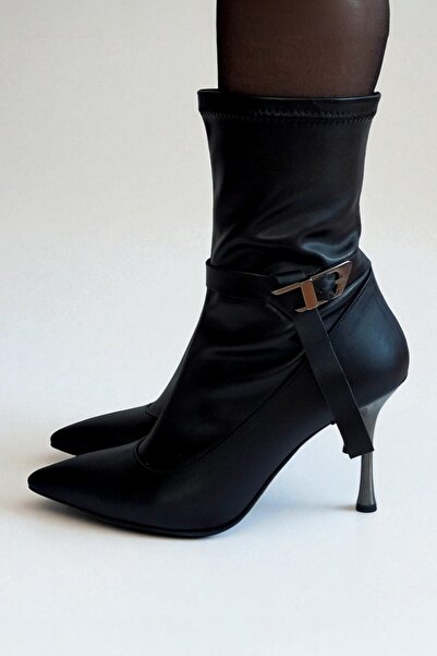 ERS Air Comfort Siyah Hakiki Deri Kadın Streç Bilekte Bot 9 cm İnce Metal Top...