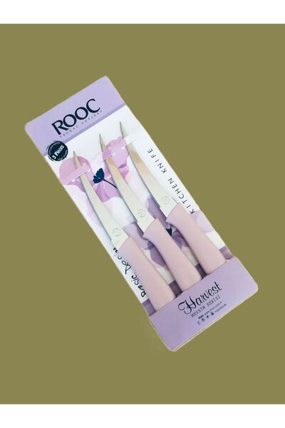 Rooc 3'lü Lazer Kesim Tırtıklı Meyve Sebze Bıçak Seti / Soft Pembe2