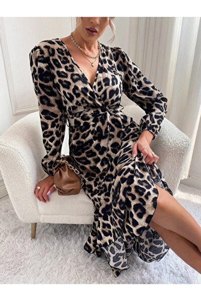 JANES Γυναικείο μακρυμάνικο διπλό γιακά λεοπάρ με ζώνη μέσης