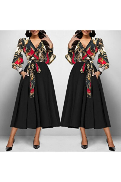 REKA MODA Women's Long Sleeve Double Breasted Collar Plunging Crepe Midi Dress