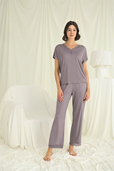 MONAMİSE Women, Short Sleeve V-Neck Lace, Gray Pajama Set