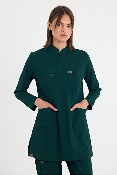 MAZEY UNİFORM Avcı Yeşili Likralı Viscon Hakim Yakalı Tesettür, Hemşire ve Do...