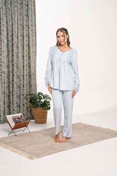 Lohussa Kadın Mavi Dantel Detaylı Kışlık Özel Tasarım Hamile Lohusa Sabahlık Pijama Takımı Seti
