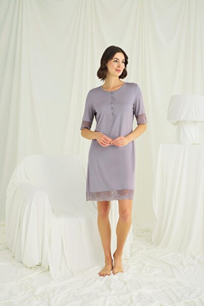 MONAMİSE Women, Lace Detailed Short Sleeved and Buttoned Front, Gray Nightgown