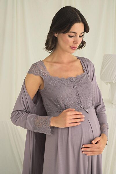 MONAMİSE Women's Lace Front Buttoned Maternity Pajama Set, Gray