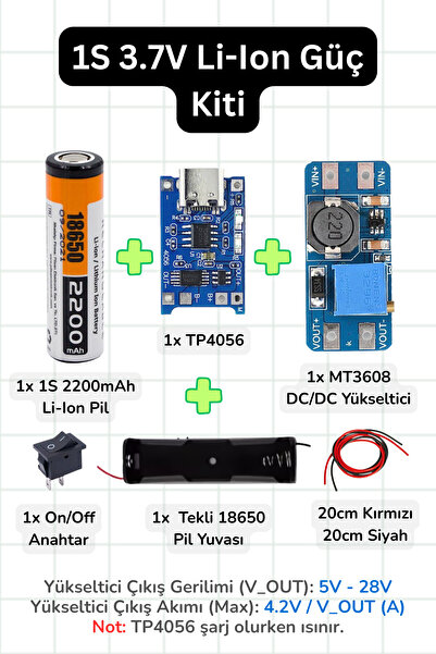 Scordion 18650 Li-Ion Pil Güç Kiti (1S 2200mAh) – TP4056 Şarj + MT3608 Boost/Yükseltici Modül
