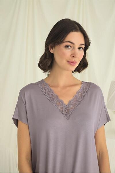 MONAMİSE Women'S, Lace Collar Short Sleeve, Gray Nightgown