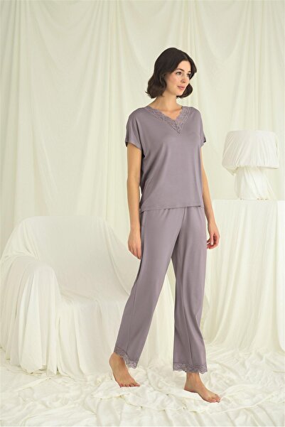 MONAMİSE Women, Short Sleeve V-Neck Lace, Gray Pajama Set