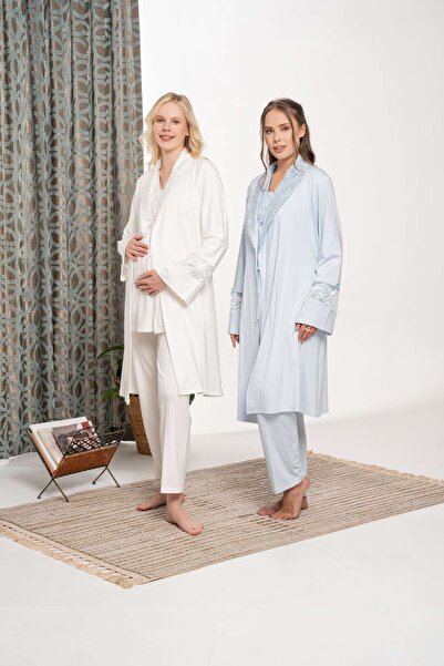 Lohussa طقم بيجامة نسائي شتوي بتصميم خاص مع ياقة شال زرقاء وتفاصيل دانتيل للح...