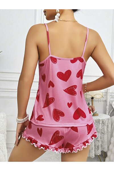 R RUSELİN DS-DERIN Kadın Pembe Kalp Baskılı Şortlu Gecelik Pijama Takımı 5050