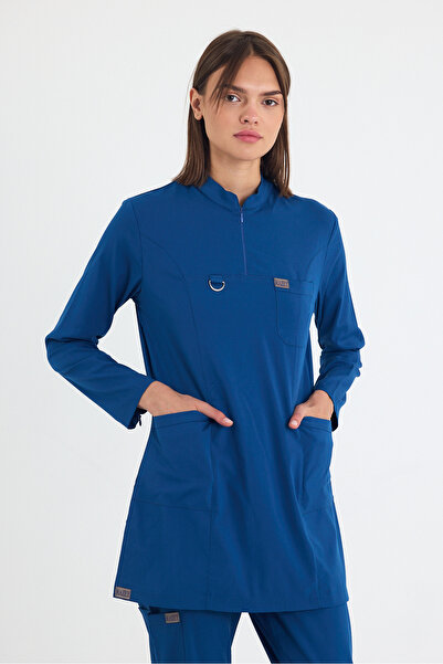 MAZEY UNİFORM İndigo Mavi Likralı Viscon Hakim Yakalı Tesettür, Hemşire ve Do...