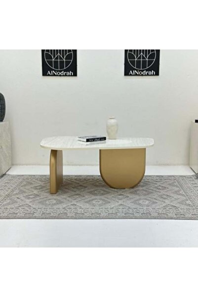 Zahra Alfkhama Coffee Table with Travertine Marble Finish and Wooden Base