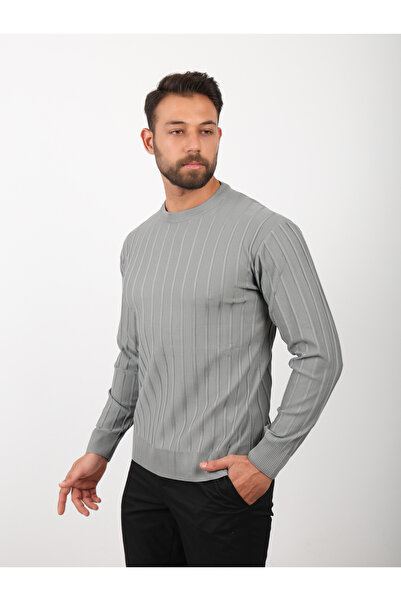 VALERO Men's Standard Fit Regular Cut Ribbed Detailed Crew Neck Gray Knitwear Sweater