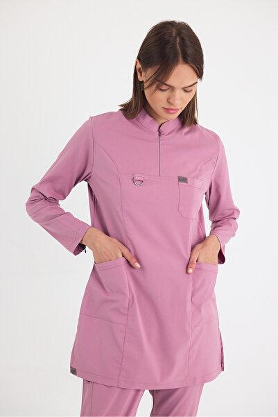 MAZEY UNİFORM Gül Kurusu Likralı Viscon Hakim Yakalı Tesettür, Hemşire ve Doktor Scrubs Hastane Üniforma