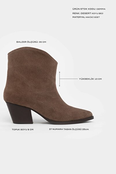 NİŞANTAŞI SHOES Gemma Desert Koyu Bej Hakiki Süet Deri Kalın Topuklu Sivri Burun Kadın Bot