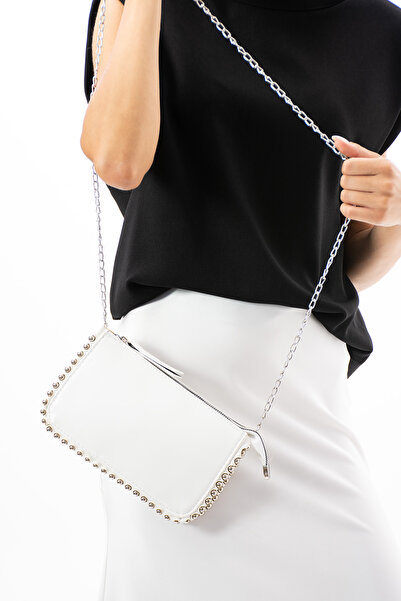 torime Geantă de umăr pentru rochie de seară pentru femei, cu detaliu de mărgele argintie și curea cu lanț