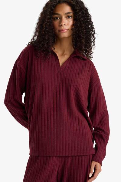 DeFacto Relax Fit Polo Neck Ribbed Camisole Long Sleeve T-Shirt F1007Ax25Au