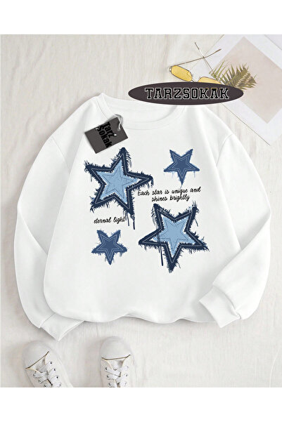 Tarzsokak Φούτερ με λαιμόκοψη μπίσκιτ, λευκό με σχέδιο αστεριών, ειδικό σχέδιο