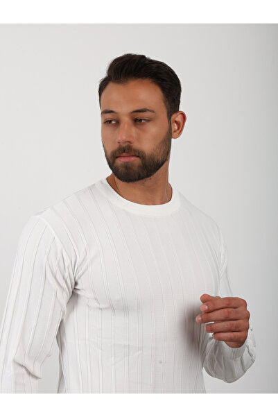 VALERO Men's Standard Fit Regular Cut Ribbed Detailed Crew Neck White Knitwear Sweater