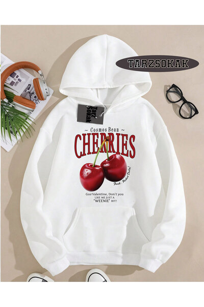 Tarzsokak Hanorac cu glugă alb cu cireșe roșii, design special