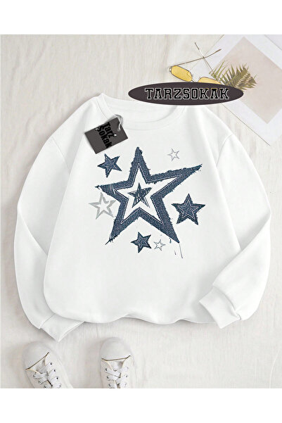 Tarzsokak سويت شيرت بياقة دائرية باللون الأبيض بنمط نجمة تصميم خاص
