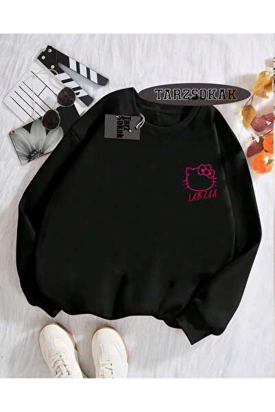 Tarzsokak Biskilet Yaka Sweatshirt Siyah LABZA HELLO KİTTY Özel Tasarım