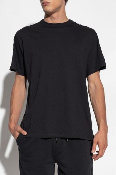 Versace Men's Regular Fit Round Neck Shoulder Logo Stripe Tape Short Sleeve Black T-Shirt 79Gahc02Cj01C-899