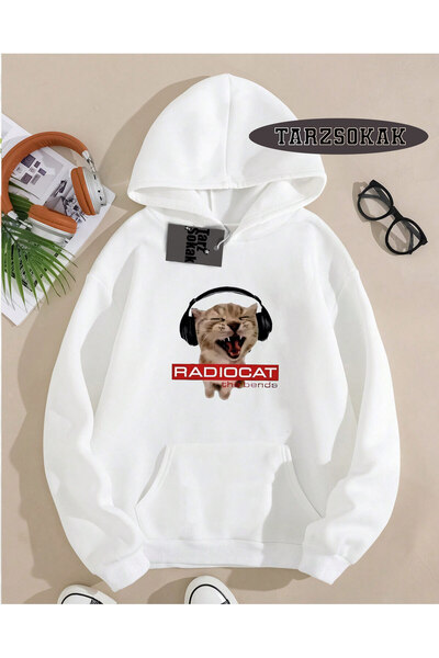 Tarzsokak سويت شيرت بقلنسوة باللون الأبيض بتصميم خاص لفرقة الروك راديوهيد