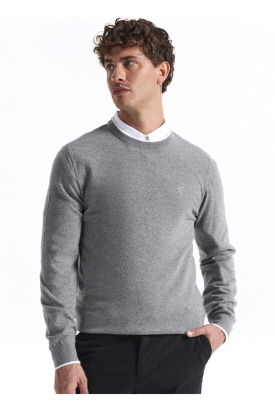 Fabrika Bisiklet Yaka Slim Fit Düz Gri Erkek Kazak F5WM-KZK 2318