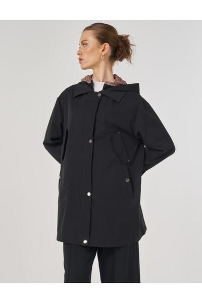 KYR Kapüşonlu Kısa Trençkot Siyah