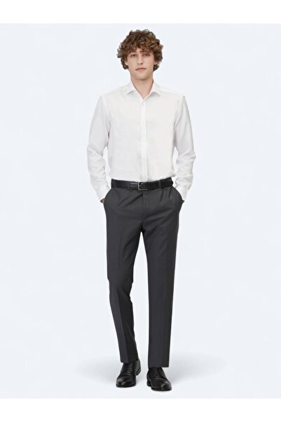 Kip Anthracite Straight Woven Fitted Fit Classic Wool Blended Pants