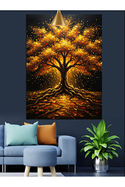 Tablo Mega Altın Işıklı Ağaç Tablosu Dekoratif Kanvas - Mdf Ahşap Tablo