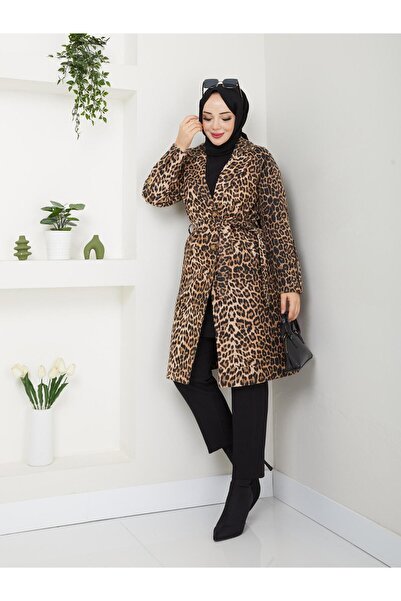 nisanurfashion Kadın Leopar Desenli Bel Bağlamalı Kaban