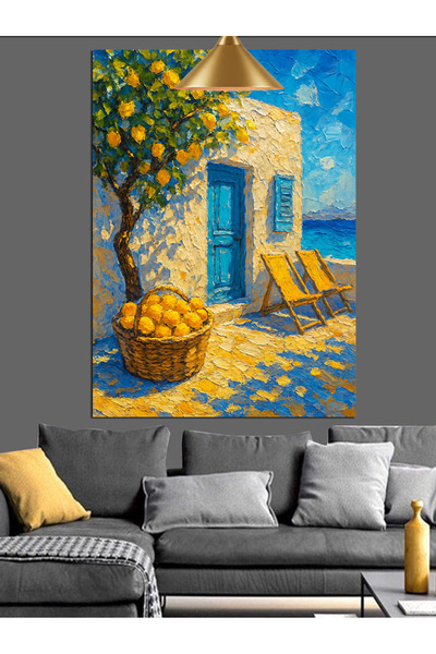 KanvasSepeti Средиземноморска къща с лимонови дървета Маслена живопис Текстур...