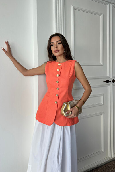 Butik Jacquard Linen Vest with Gold Buttons at the Waist - Orange