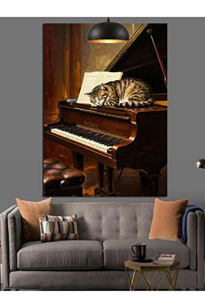 Tablo Mega Piyano Üstünde Yatan Kedi Dekoratif Kanvas - Mdf Ahşap Tablo
