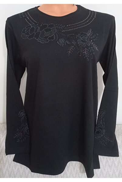 Anne Er Clothing Winter Evening Dress Combed Cotton Blouse Long Sleeve Embroidered and Beaded Crew Neck Black