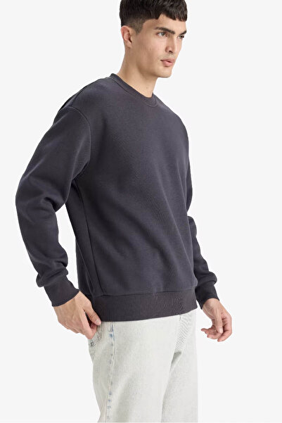 DeFacto Relax Fit Crew Neck Thick Inside Soft Fleece Anthracite Men's Sweatshirt T5139Az/Ar138
