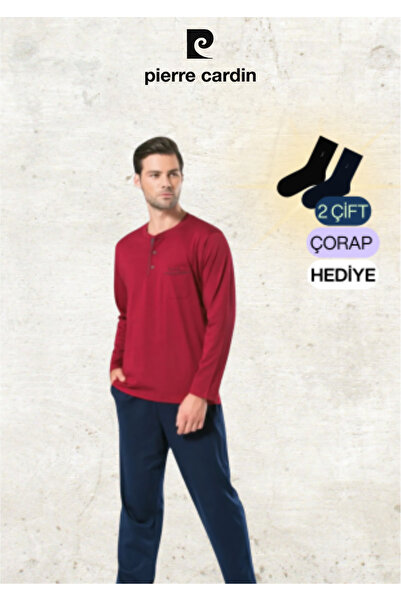 Pierre Cardin Erkek Giyim Penye %100 Pamuk Uzun Kollu Bordo Pijama Takımı (2 Adet Hediye Çorap) OL.PC.5454.001