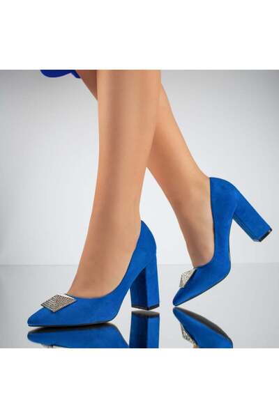 BMoD Pantofi de damă din piele întoarsă albastră, cu toc gros și accesoriu de...