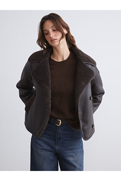 LC Waikiki Γυναικείο σουέτ παλτό Cey New Season Biker Collar Oversize