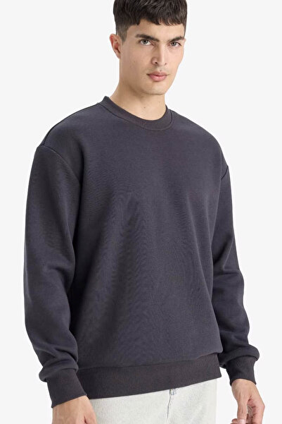 DeFacto Relax Fit Crew Neck Thick Inside Soft Fleece Anthracite Men's Sweatshirt T5139Az/Ar138