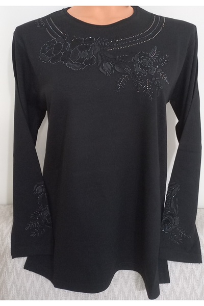 Anne Er Clothing Winter Evening Dress Combed Cotton Blouse Long Sleeve Embroidered and Beaded Crew Neck Black