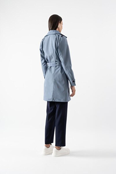 Spazio Pallaske Kruvaze Yaka Kuşaklı Cepli Trençkot İNDİGO