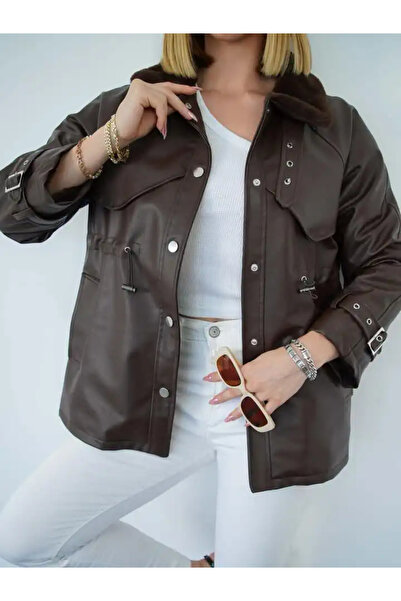 cemo Leather Trench Coat with Fur Inside