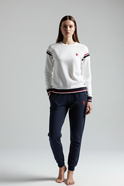 U.S. Polo Assn. Women's Ecru Stripe Detailed Crew Neck Pajama Set C8T1N102