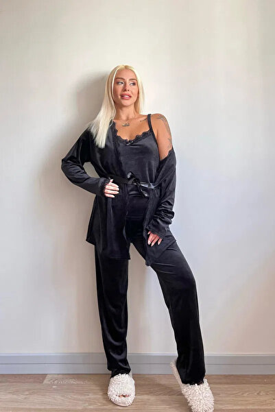 IZABEL Lingerie Set damă catifea neagră – maieu, pantaloni și halat elegant pentru casă