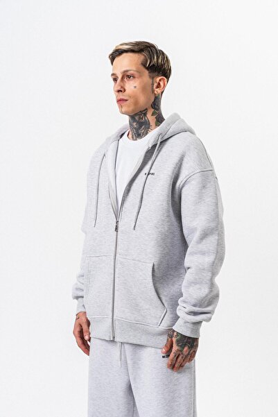 Respire Ανδρικό φούτερ με κουκούλα με λεπτομέρεια κειμένου, βασικό φούτερ με φερμουάρ, oversize, χιόνι μελανζέ