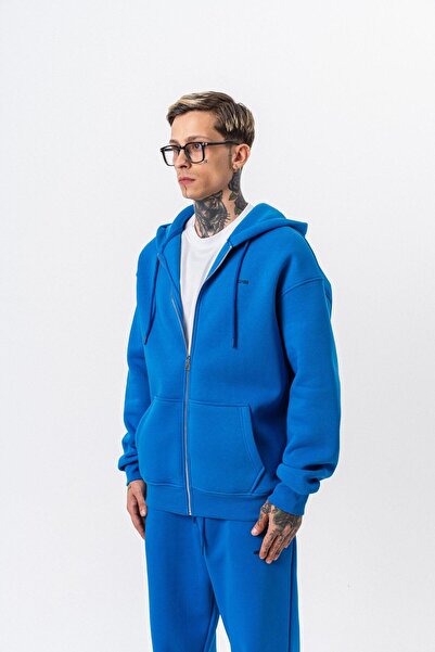 Respire Ανδρικό μπλουζάκι με κουκούλα με λεπτομέρεια κειμένου, βασικό με φερμουάρ, oversize, μπλε