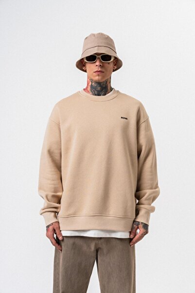 Respire Men's Basic Oversize Sweatshirt with Text Detail Beige